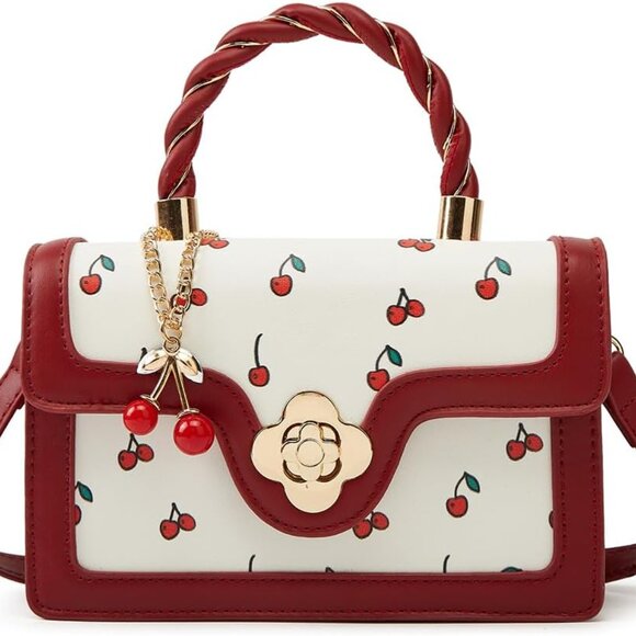 Chic Vegan Leather Crossbody Bag with Cherry Pattern - Stylish Satchel Tote - Picture 1 of 7